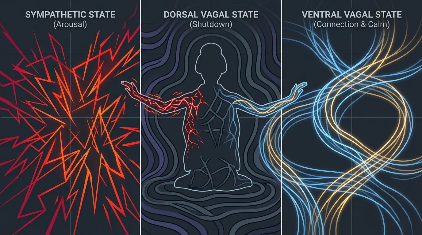 Three nervous system states: Sympathetic (Arousal), Dorsal Vagal (Shutdown), and Ventral Vagal (Connection & Calm)