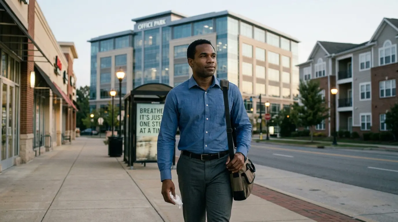 A man in business casual attire walking on a sidewalk past shops and an office park