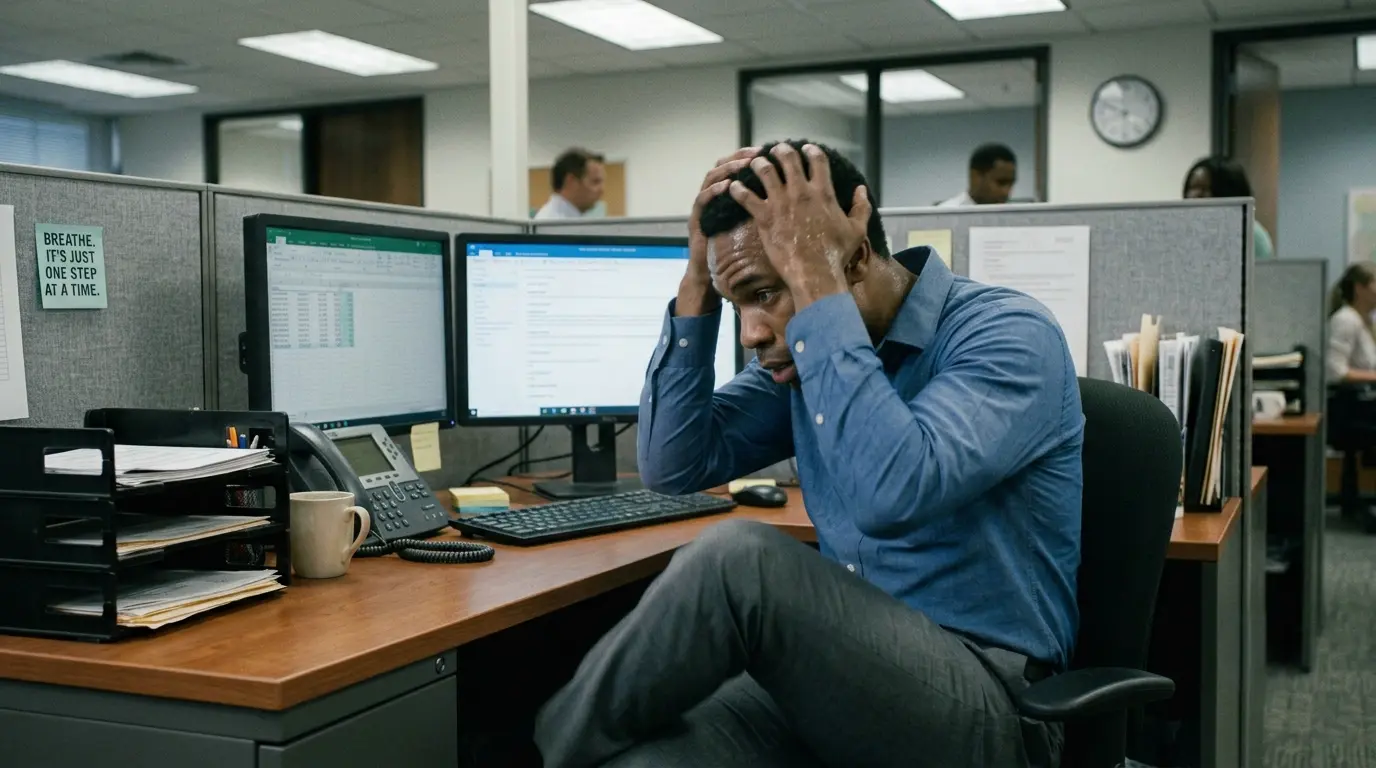 A man sitting at an office desk looks overwhelmed and stressed with his hands on his head