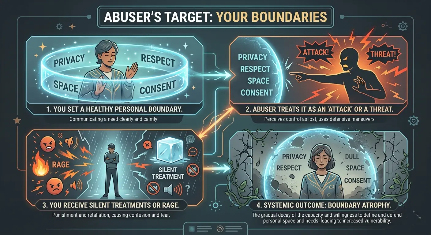 Infographic: Abuser's Target: Your Boundaries. Steps: set boundary, abuser attacks, rage/silence, and boundary atrophy