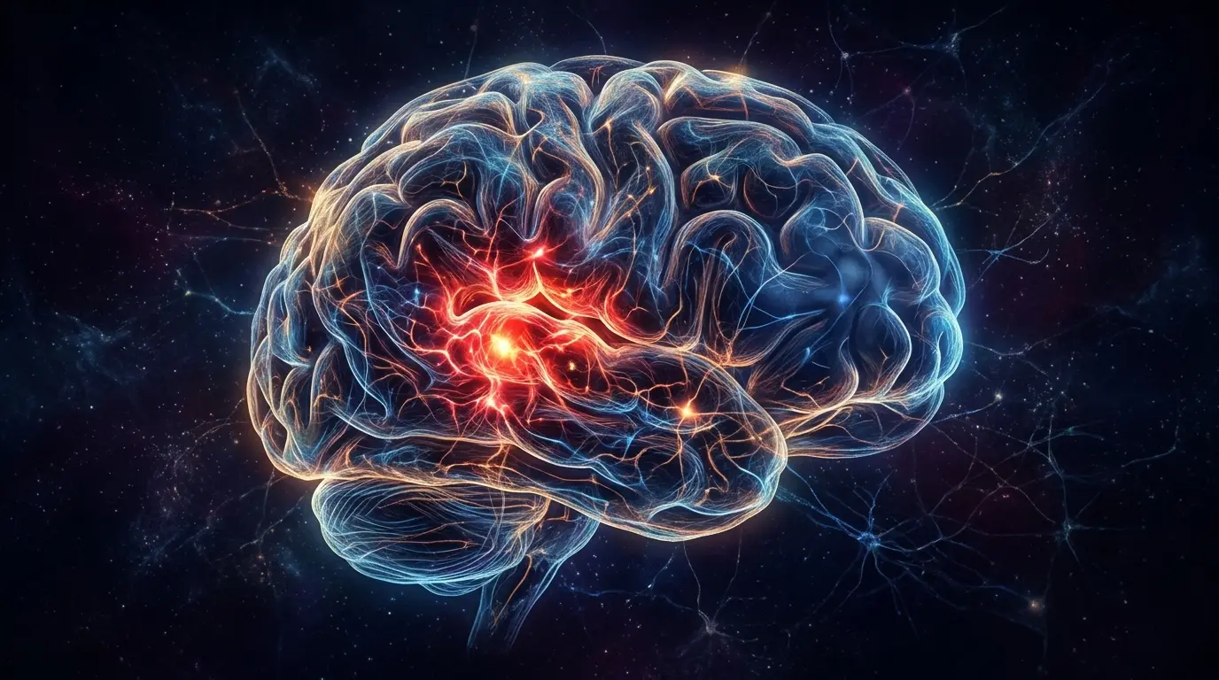 Abstract representation of a brain showing hyperactive threat-detection areas and suppressed decision-making regions after narcissistic abuse