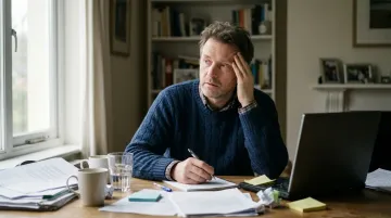 A man with Brain Fog After Narcissistic Abuse while working at a desk cluttered with papers and a laptop