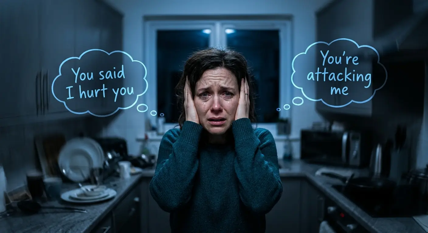 Distressed woman in a swirling, gray kitchen with thought bubbles "You said I hurt you" and "You're attacking me," symbolizing the disorienting effect of DARVO manipulation.