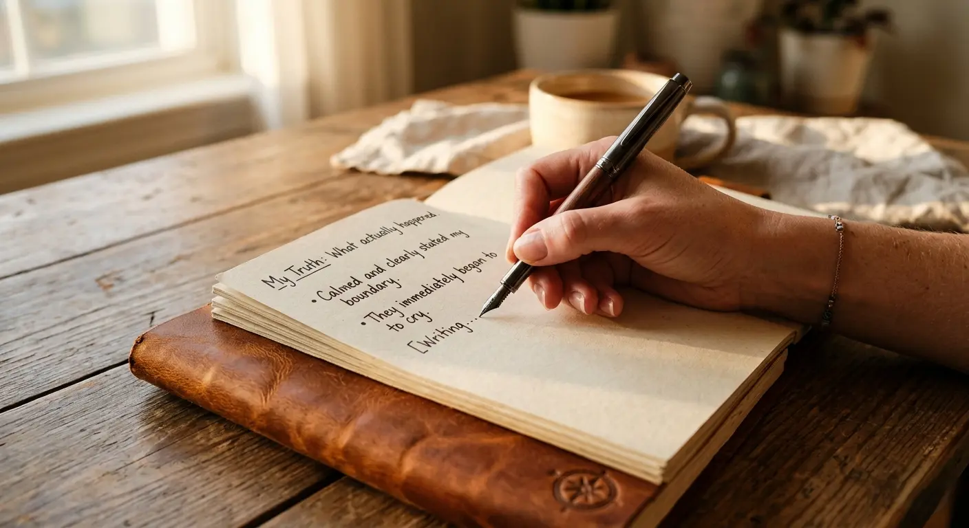 Minimalist photo of a hand writing in a journal that says "My Truth: What actually happened" with specific factual bullet points and a small embossed compass icon, representing self-preservation and anchoring after narcissistic abuse.