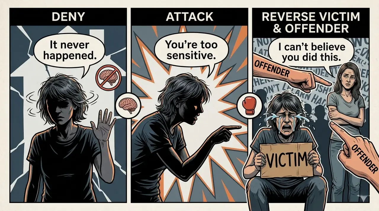 A conceptual three-panel diagram illustrating the steps of DARVO: Deny (person says "It never happened"), Attack (person says "You're too sensitive"), and Reverse Victim & Offender (perpetrator cries while labeling real victim as "OFFENDER").