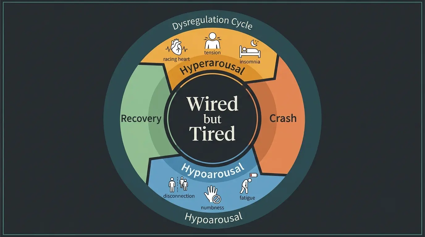 The nervous system dysregulation cycle showing hyperarousal, crash, and hypoarousal