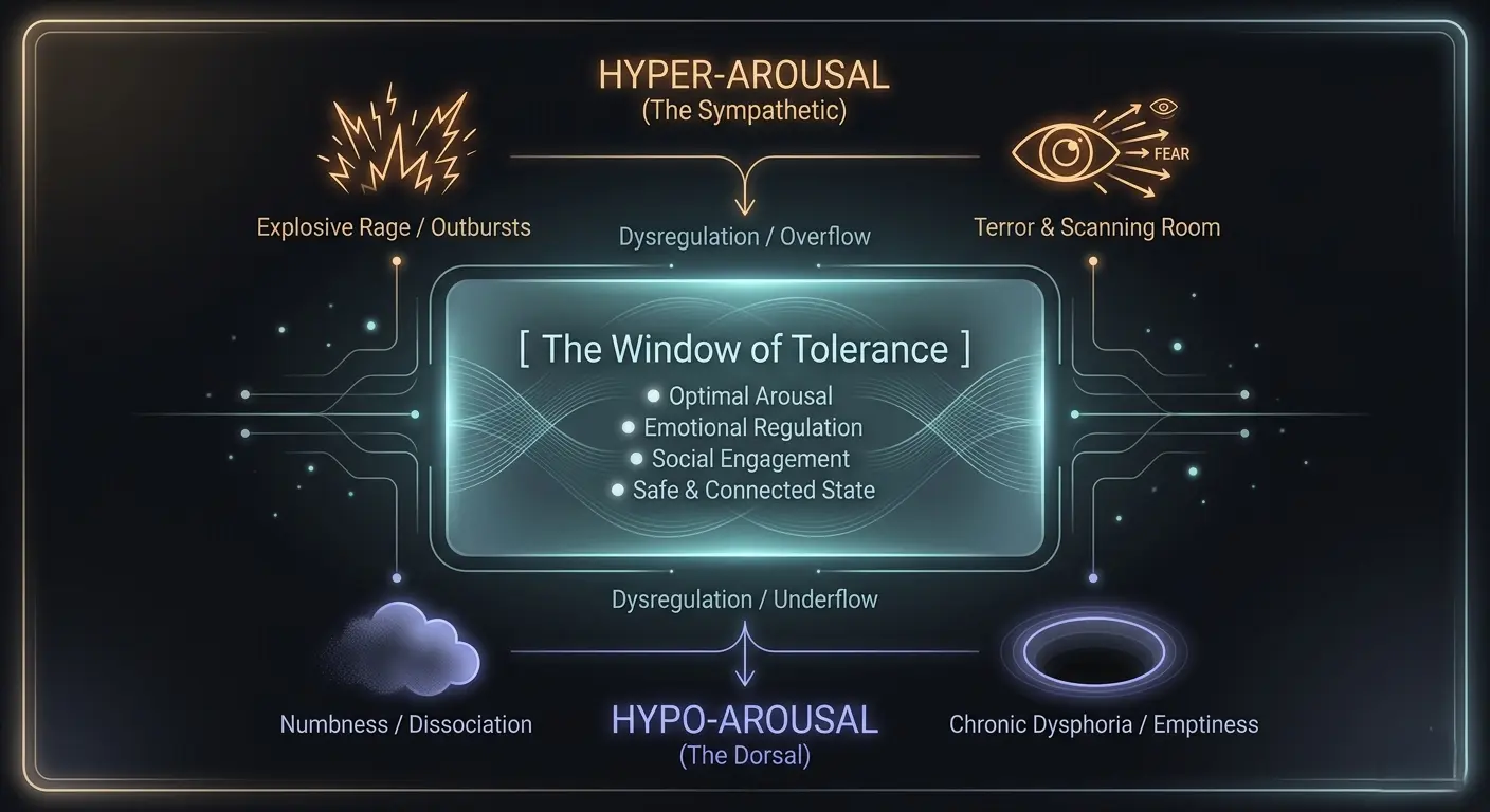 Window of Tolerance diagram: center is optimal arousal; top is hyper-arousal (rage/terror); bottom is hypo-arousal (numbness)