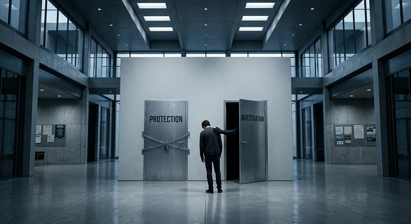 Wide shot inside a sterile, modern building lobby (e.g., Title IX or HR) where a person stands trapped between a chain-locked door labeled "PROTECTION" and another labeled "INVESTIGATION" with a dark hand pulling them in, illustrating institutional betrayal.