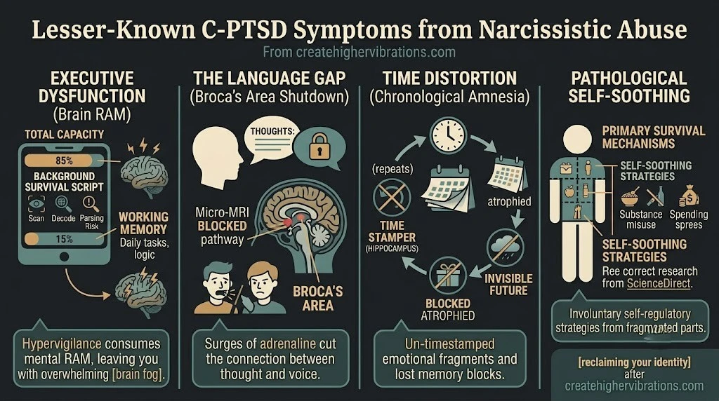 Infographic explaining executive dysfunction, language gaps, and time distortion as lesser-known symptoms of C-PTSD from narcissistic abuse