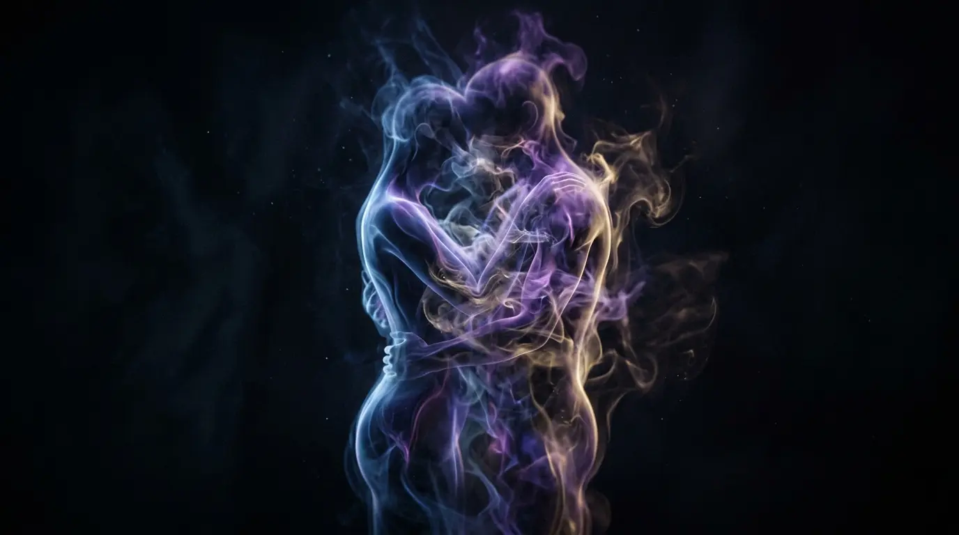 Two figures embracing, rendered in ethereal swirls of blue, purple, and gold smoke on a black background