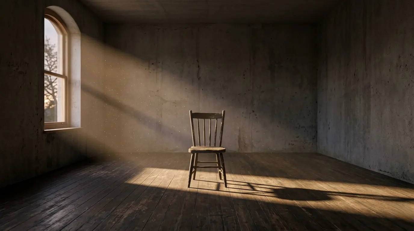 A single wooden chair in an empty room, illuminated by a beam of sunlight from a window