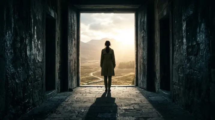 A person in a trench coat stands in a dark stone doorway, looking out at a sunlit valley and mountains. The Medea Syndrome effect.