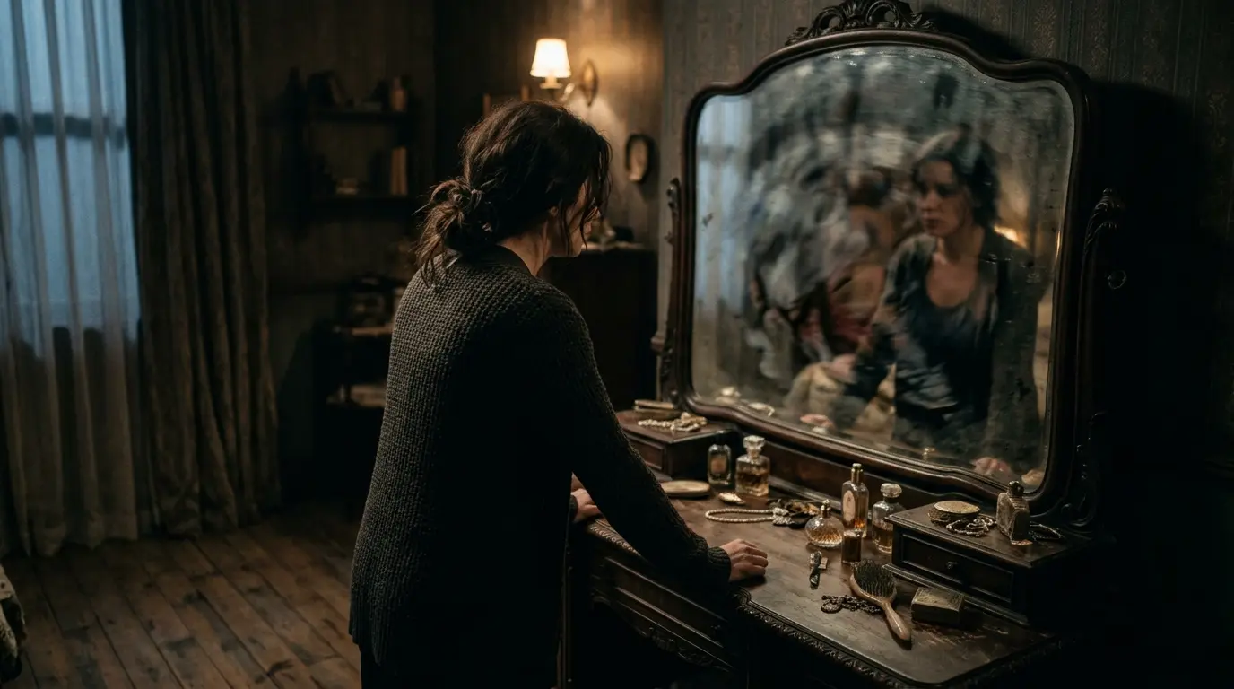 A woman looks into a vanity mirror, seeing a distorted and ghostly version of her reflection