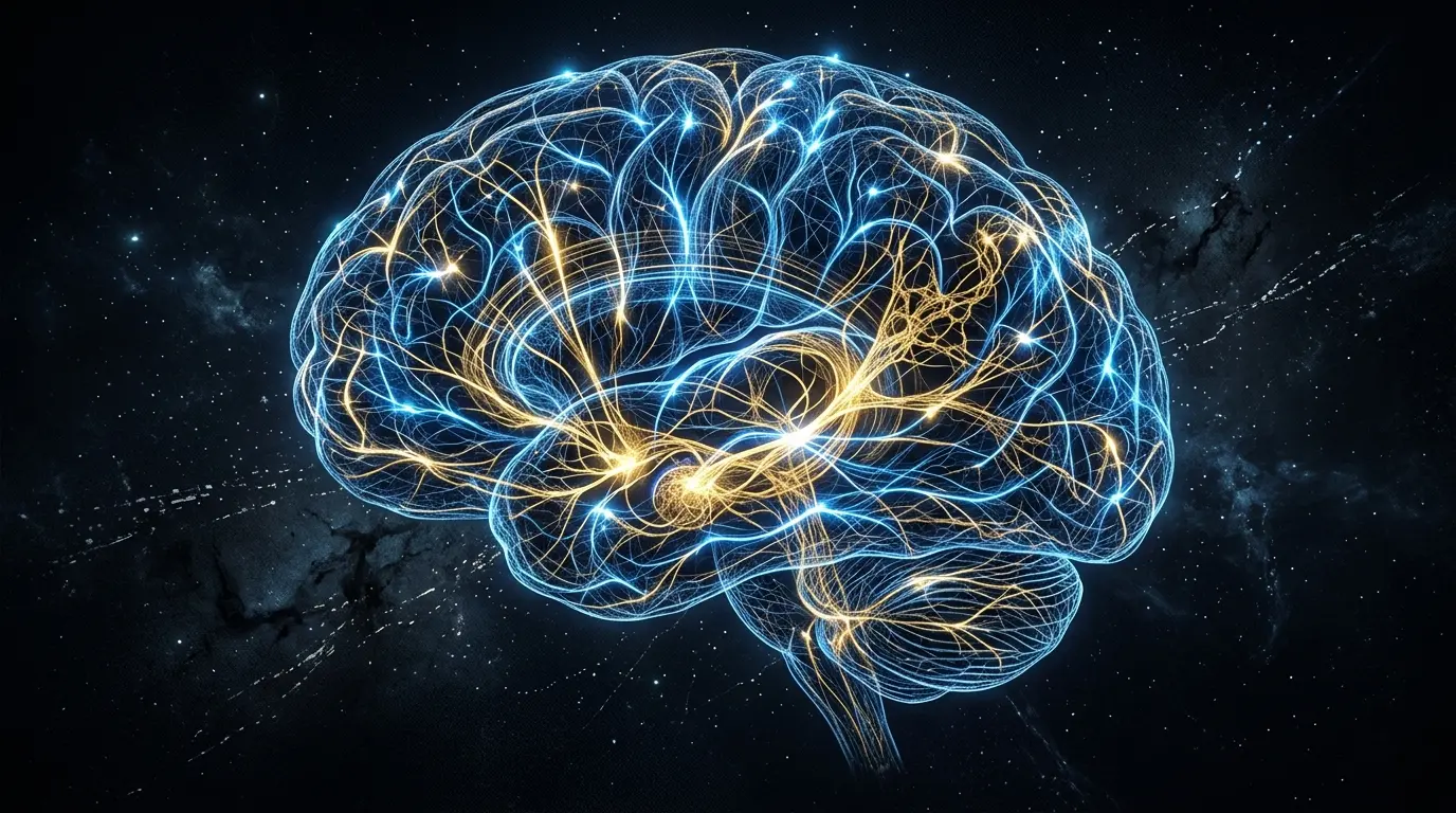 Glowing human brain with blue and gold neural pathways against a dark, starry background