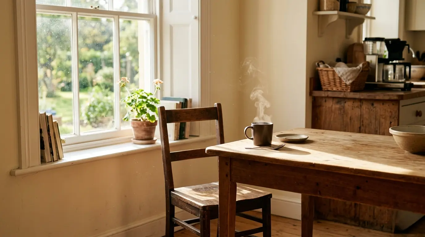 Empty chair at a kitchen table in morning light, representing grief and letting go