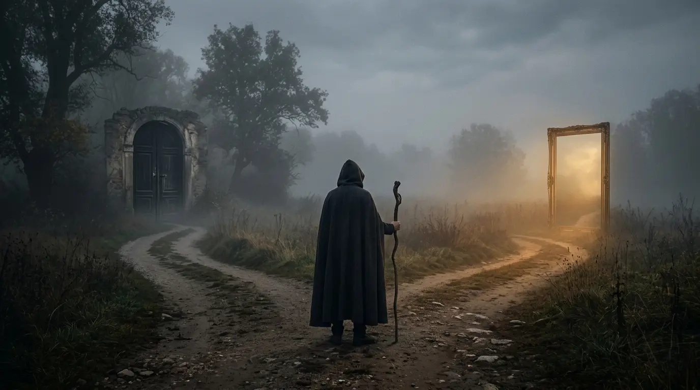Person standing at a crossroads choosing between focusing on the narcissist or themselves