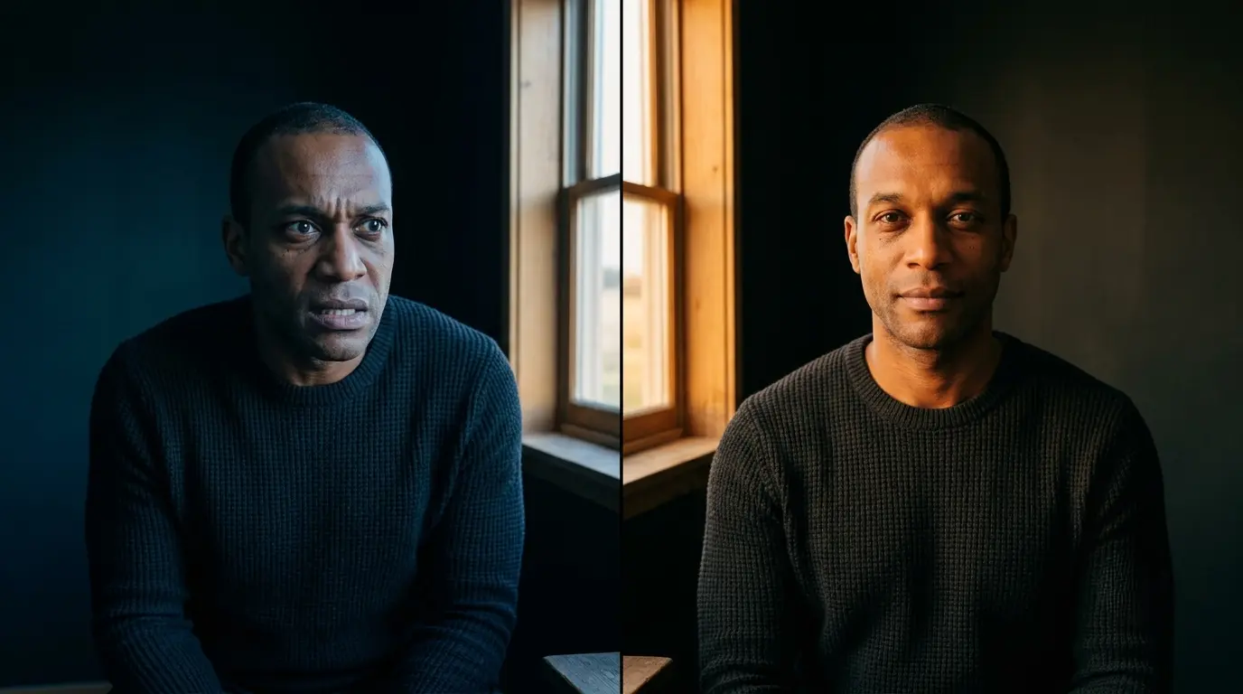 Same person shown in two states — tense with cool lighting and relaxed with warm lighting