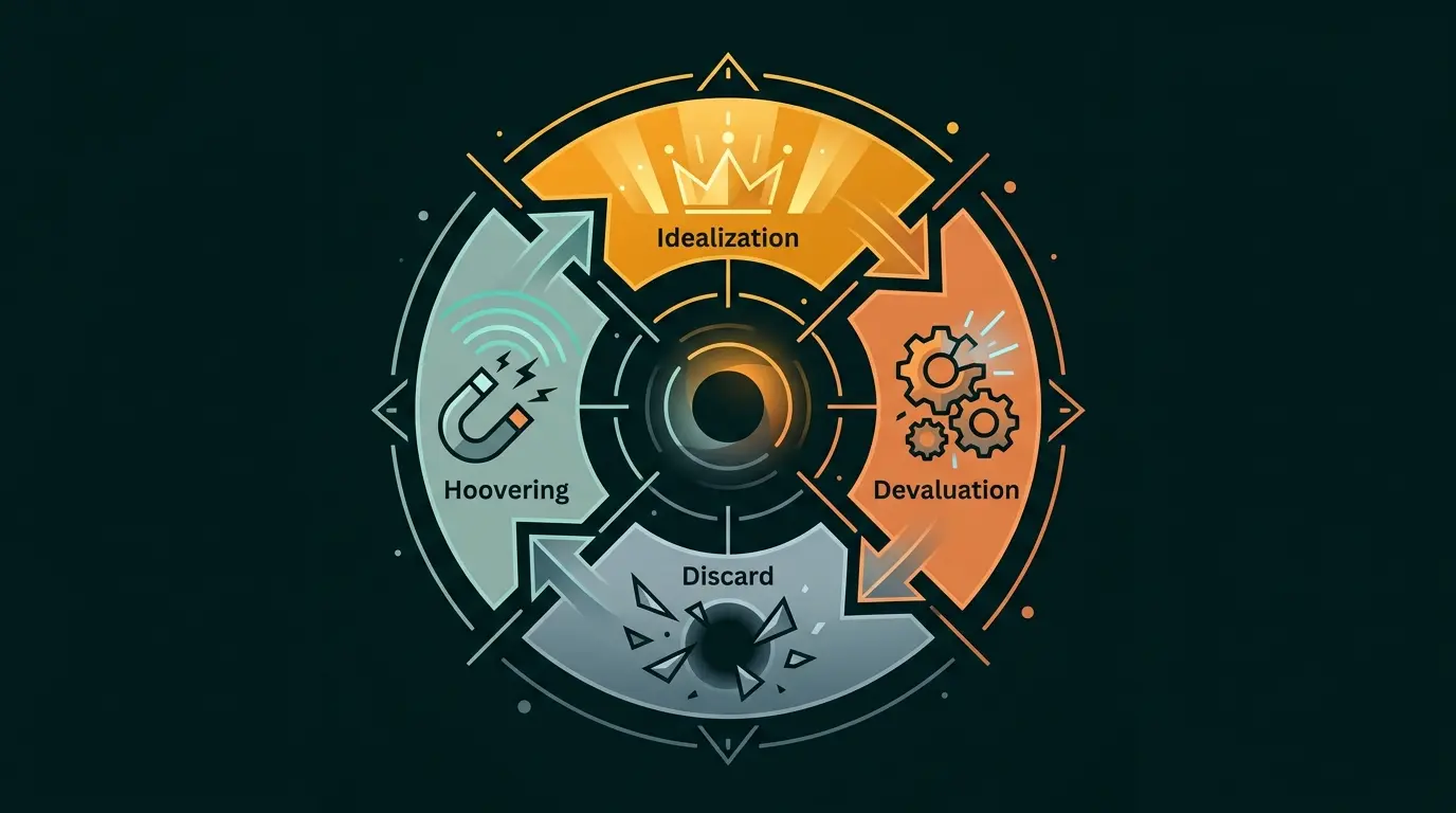 Circular diagram showing the four stages of the narcissistic abuse cycle