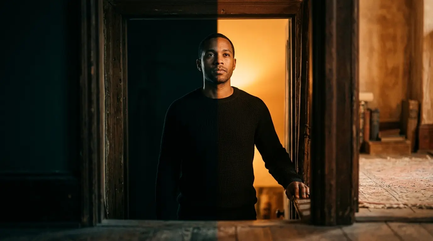 Person standing in doorway with half their body in shadow and half in warm light