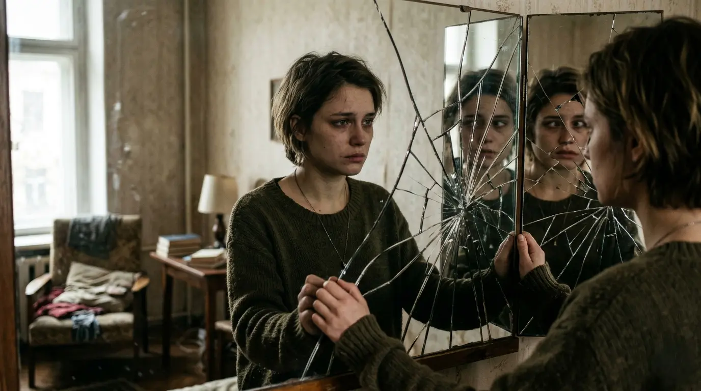 A distressed woman looks at her fragmented reflection in a shattered mirror