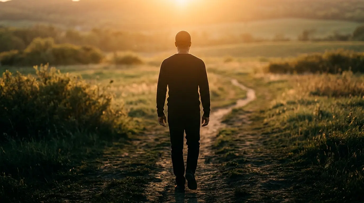 Person walking away through a natural landscape during golden hour