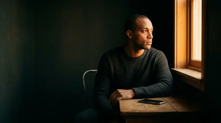 Person sitting alone in dim room with warm light from window thinking about narcissistic abuse syndrome.