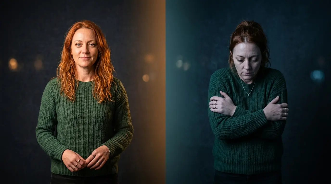 Split image showing confident posture versus defeated posture, warm versus cool lighting