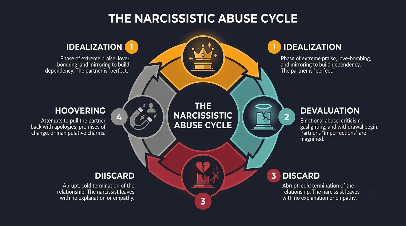 Infographic showing the narcissistic abuse cycle: idealization, devaluation, discard, hoovering
