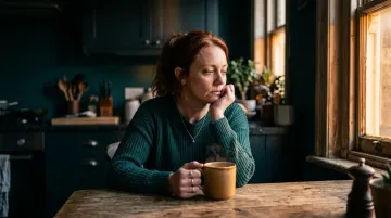 Person sitting alone at kitchen table in quiet morning light, contemplative expression in the Narcissistic Devaluation Phase