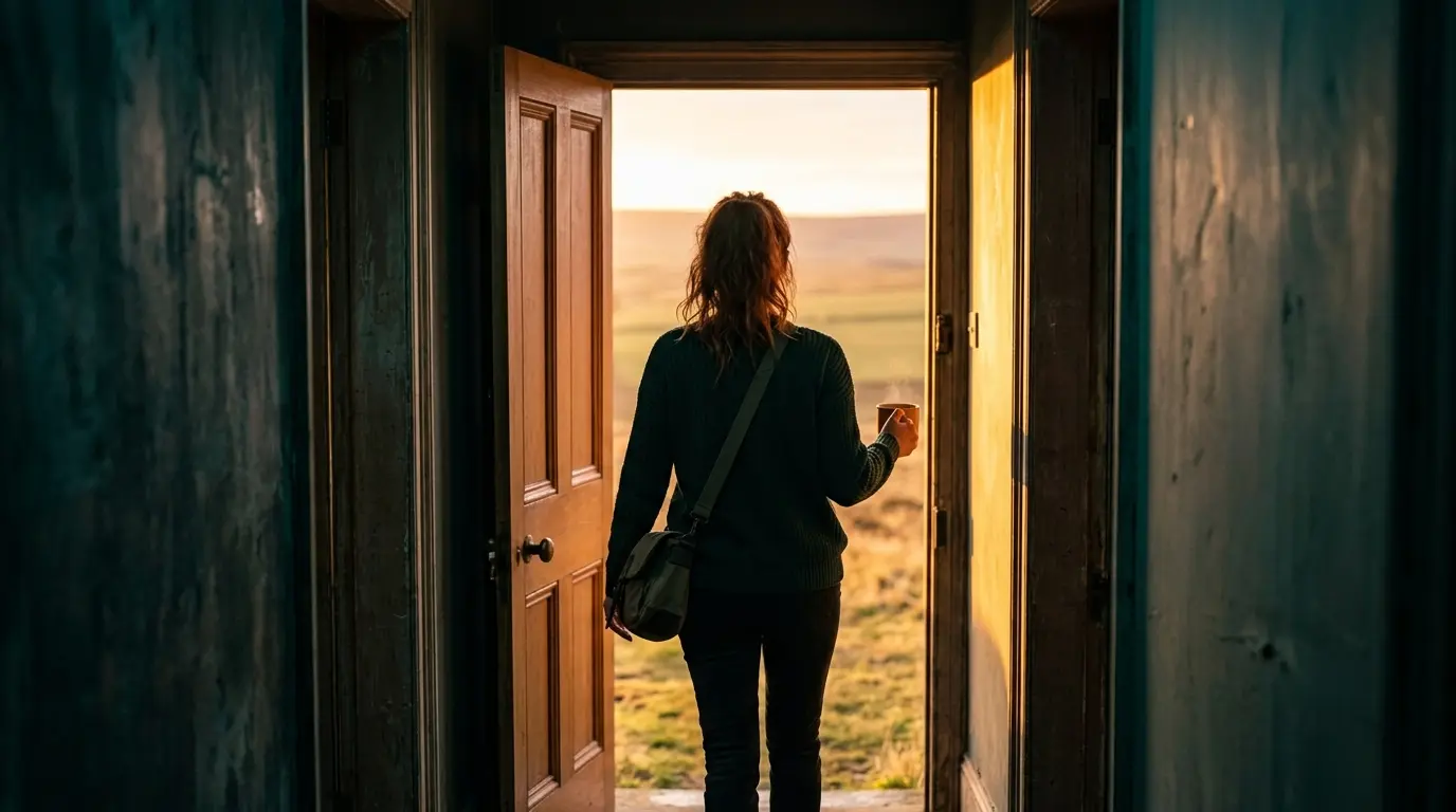 Person walking from darkness toward open door with warm light, representing recovery journey