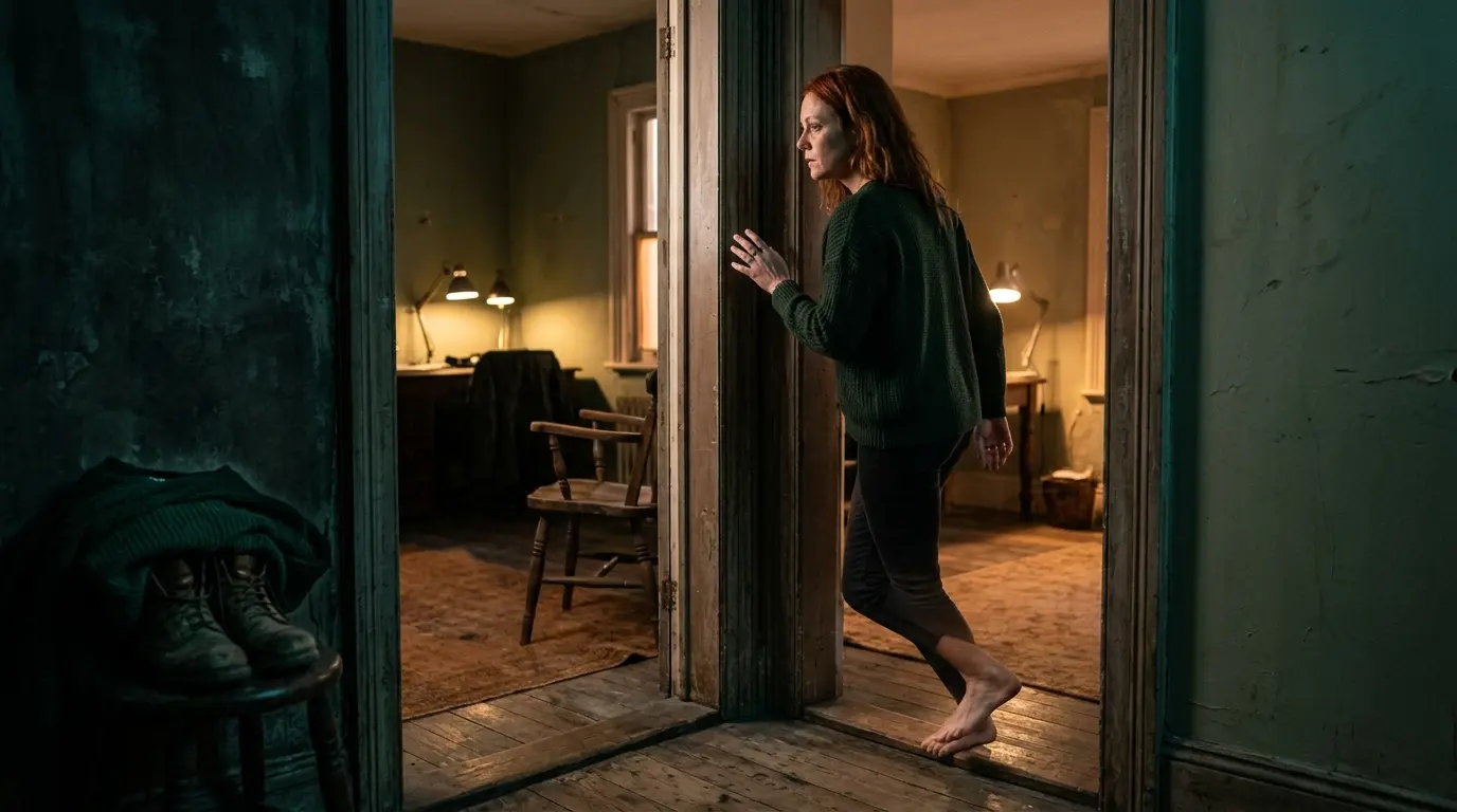 A person standing in a doorway between darkness and light, representing the threshold between the old self and the emerging new self after discard.