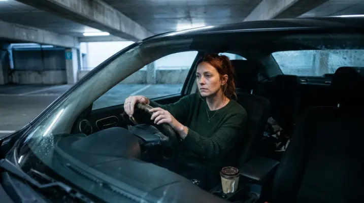A person sitting alone in a parked car in early morning light, looking at the steering wheel, capturing the disorientation of sudden loss after a narcissistic discard.