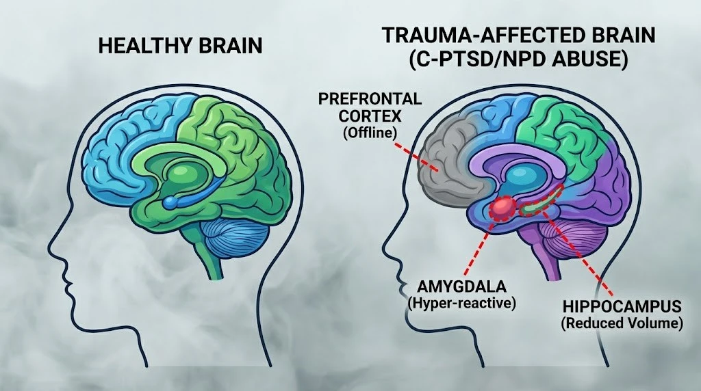 Healthy brain vs. trauma-affected brain: offline prefrontal cortex, hyper-reactive amygdala, and reduced hippocampus volume