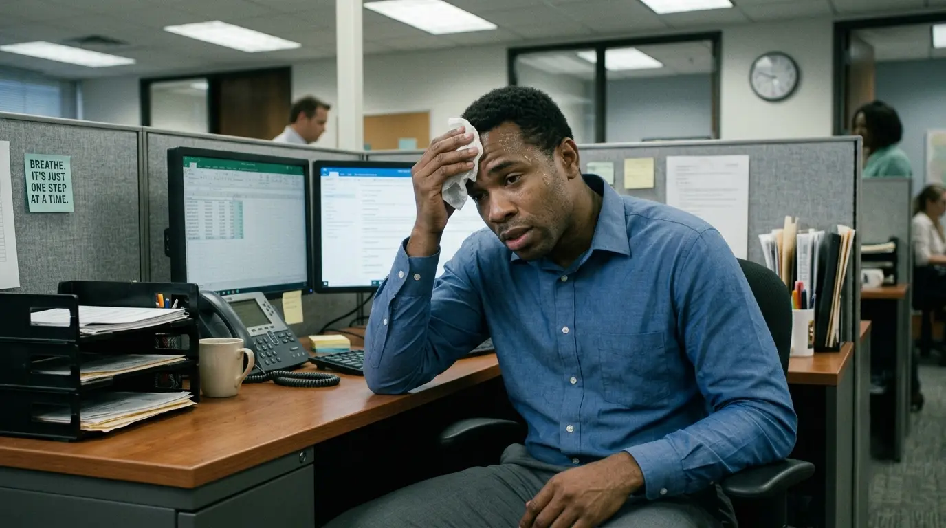 A stressed office worker sweating and wiping his forehead with a tissue at his desk