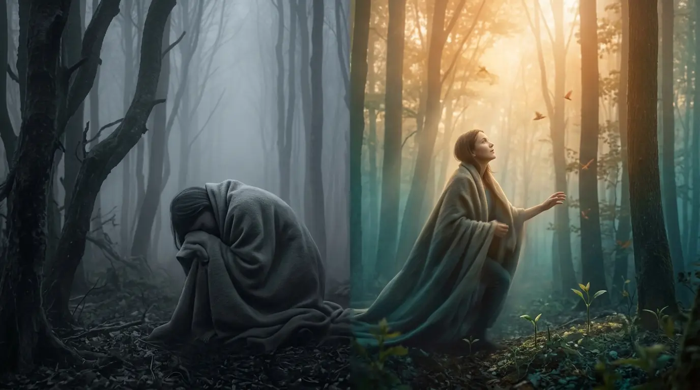 A person huddled in a dark, foggy forest contrasted with them looking up at warm light in a lush, sunlit forest
