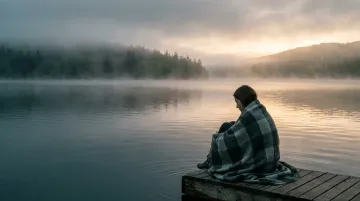 A person sitting alone at the edge of a still lake at dawn wrapped in a blanket dealing with nervous system and depression.