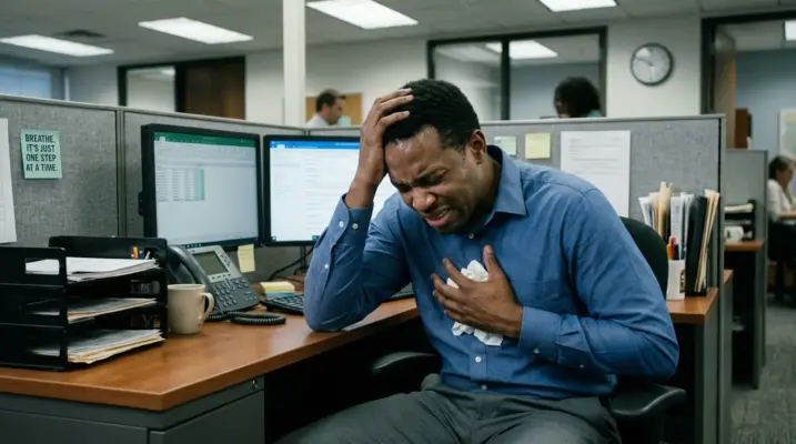 A man showing signs of a nervous systen and anxiety attack.
