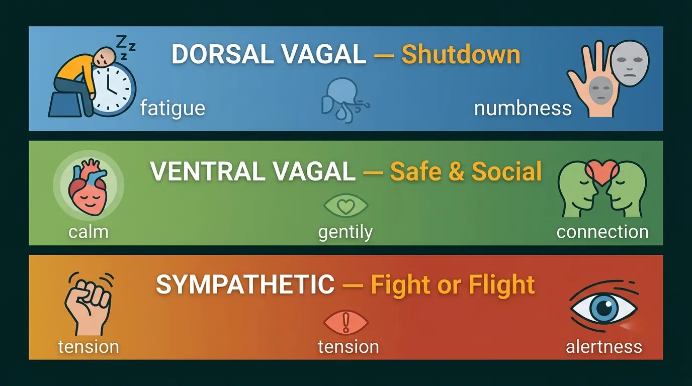 Infographic showing three nervous system states: safe and social, fight or flight, and shutdown