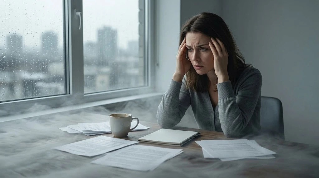 This image establishes the starting point: the deep frustration and confusion of the "wet concrete" mind. We see the woman (who is consistent across the sequence) struggling at her desk in soft light. Her surroundings and the desk itself dissolve into a heavy, swirling grey fog, visually representing the severe cognitive dysfunction and mental paralysis described in the article.
