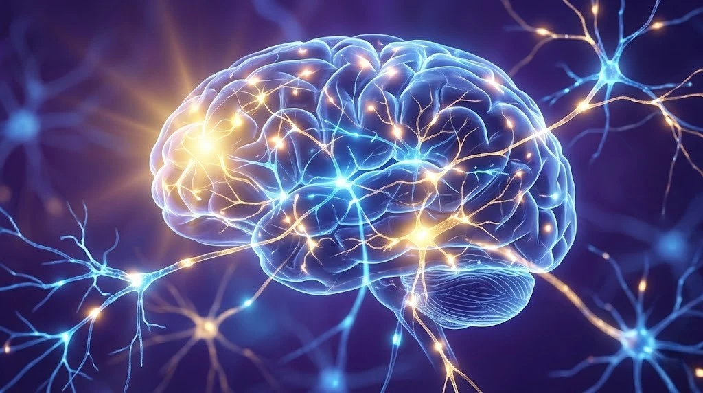 Glowing human brain with active neural networks and synapses