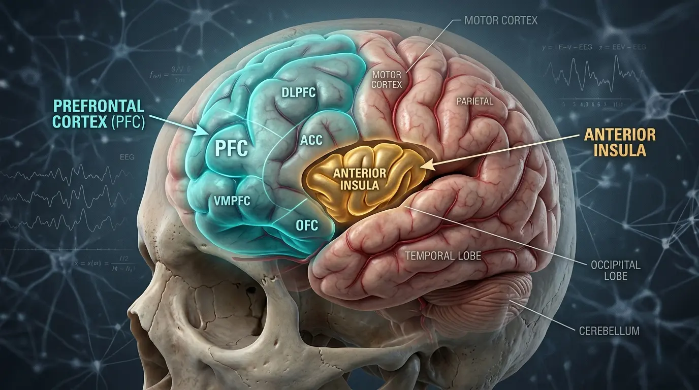 Brain diagram highlighting the Prefrontal Cortex in teal and the Anterior Insula in gold, with other major lobes labeled