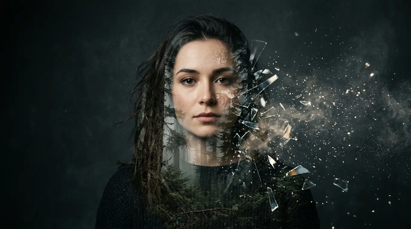 Portrait of a woman blended with a forest, with one side of the image shattering into glass shards