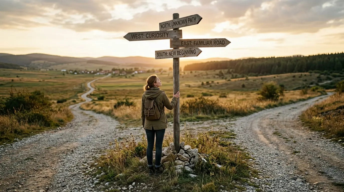Woman at a crossroads looking at a signpost pointing to Unknown Path, Curiosity, Familiar Road, and New Beginning