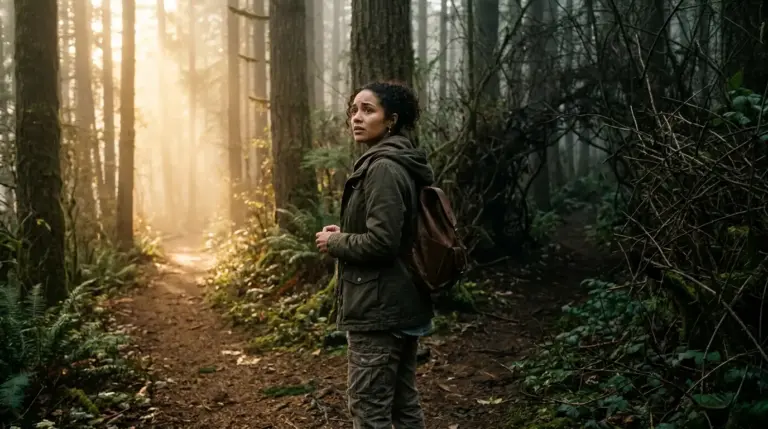 A person standing at a crossroads representing the choice between old trauma patterns and new neural pathways after narcissistic abuse