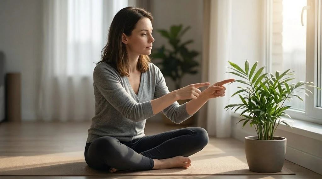 A woman sitting on a yoga mat points both index fingers toward a potted plant on a windowsill