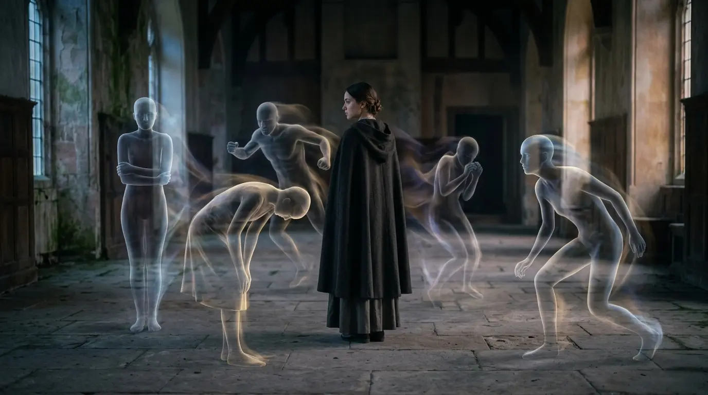 A person surrounded by translucent shadows representing different survival behavioral patterns developed after narcissistic abuse
