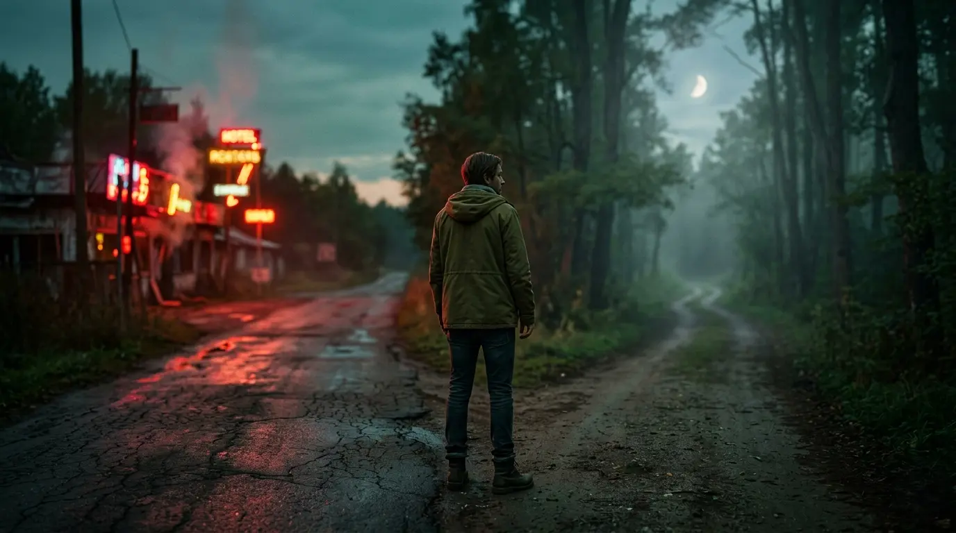Man at a fork in the road between a neon-lit motel and a dark, misty forest path under a crescent moon
