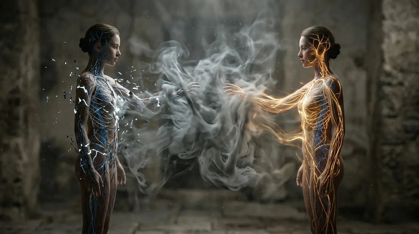 Two figures with glowing blue and gold internal energy pathways reach toward each other through a swirl of smoke