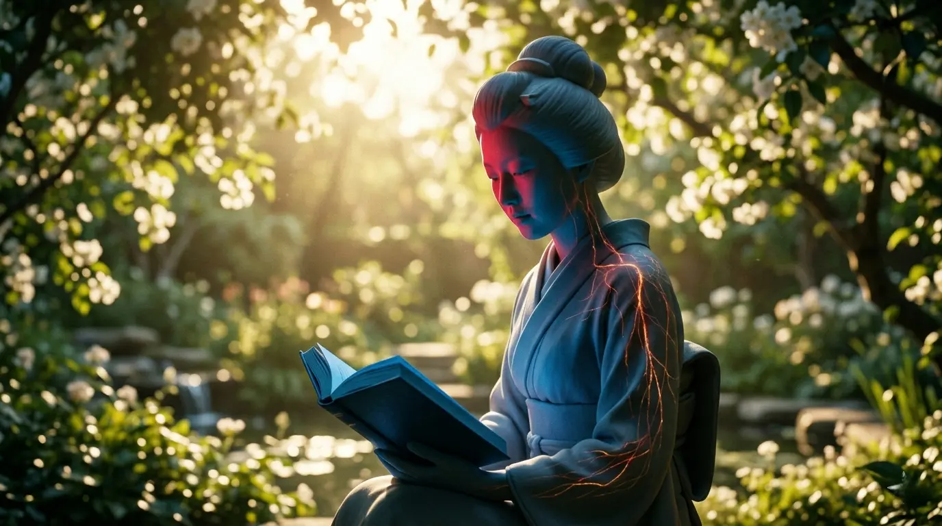 A woman in a kimono with glowing orange circuitry on her skin reads a book in a sunlit, flowering garden