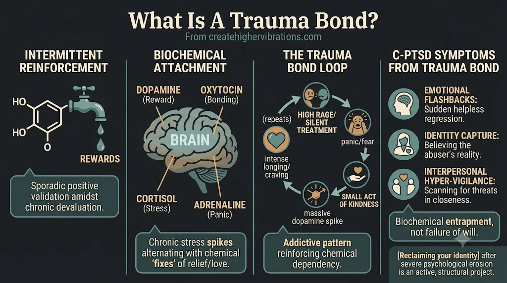 Infographic explaining trauma bonds as a cycle of intermittent reinforcement, biochemical attachment, and C-PTSD symptoms